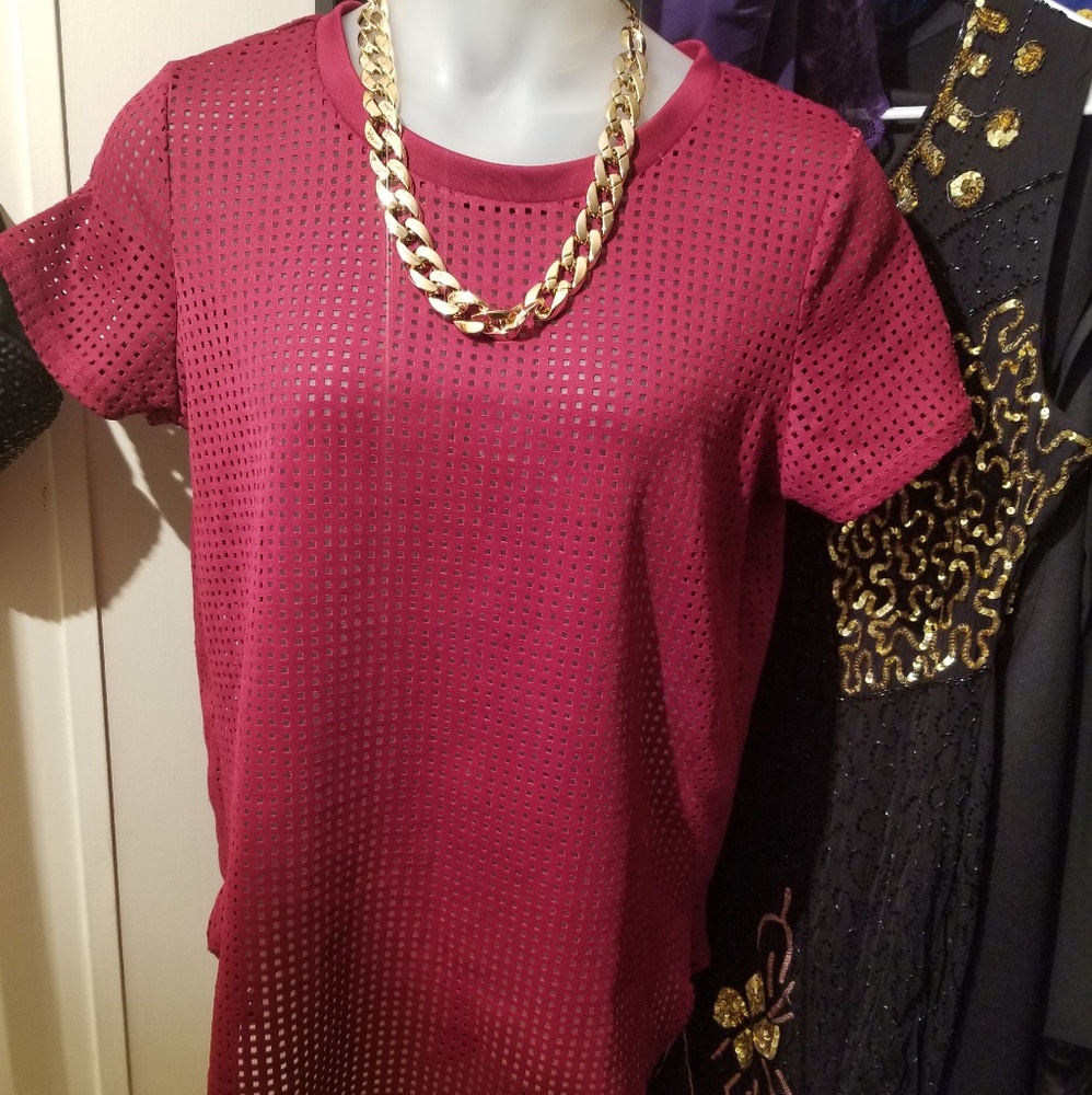 Maroon dressy shirt with attached necklace